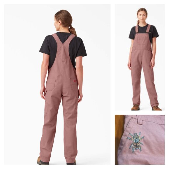 Dickies Pants - DICKIES XL Ash Rose Bib Overalls Relaxed Tarancula Needlepoint Embroidery